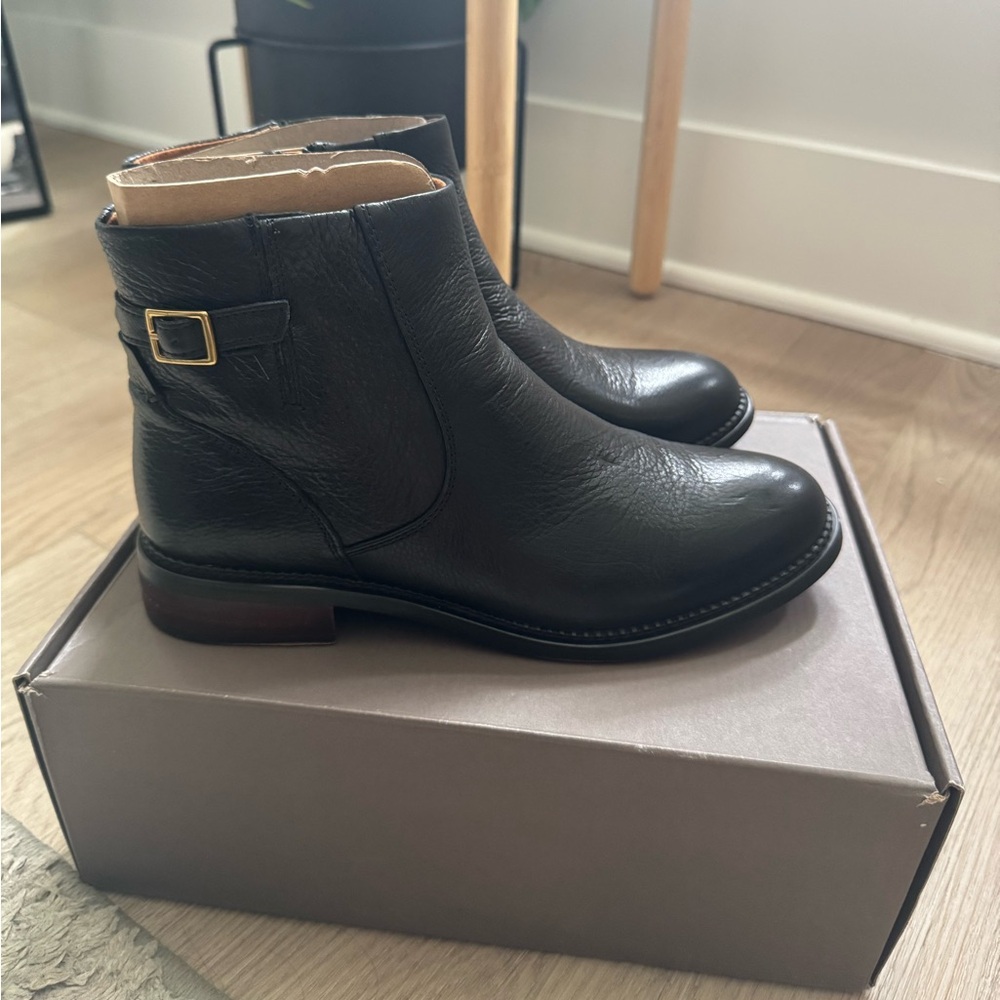 Franco Sarto Black Ankle Boots with Gold Buckle